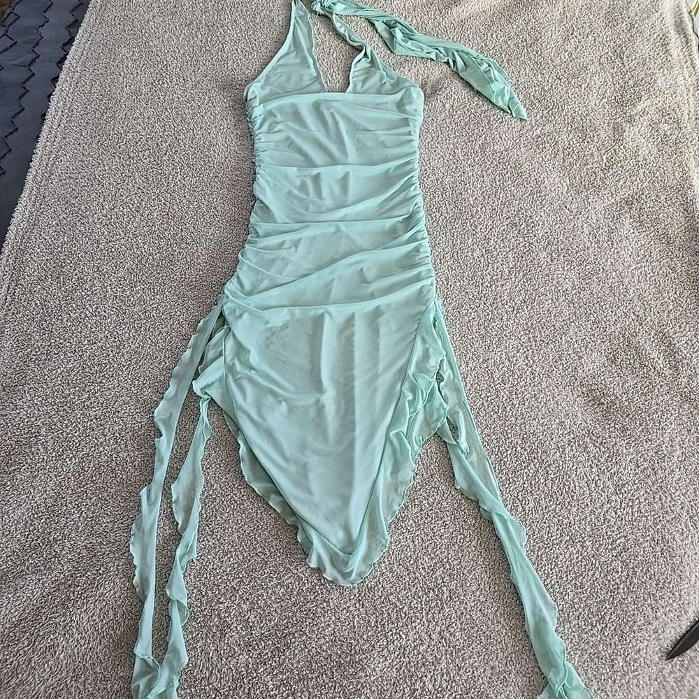 Generation Kiss Mesh Ruffle Hem Midi Dress Ruching Halter Tie Green Size M Fairy - Picture 6 of 13